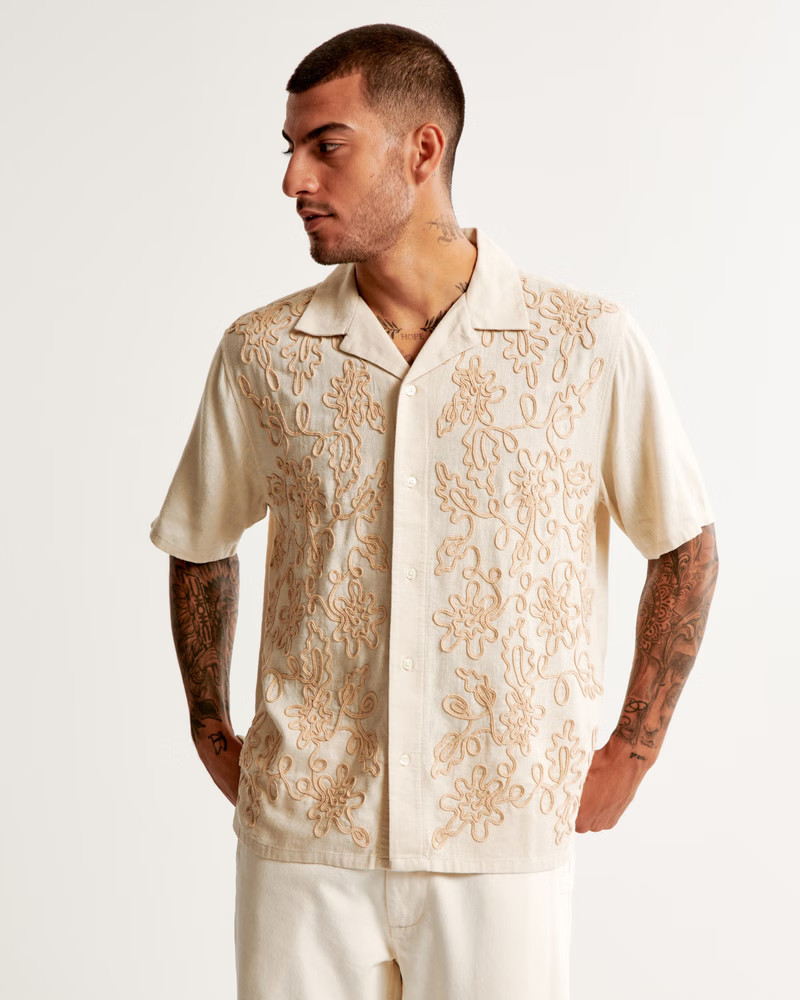 Camp Collar Summer Linen-Blend Embroidered Shirt | Abercrombie & Fitch (US)