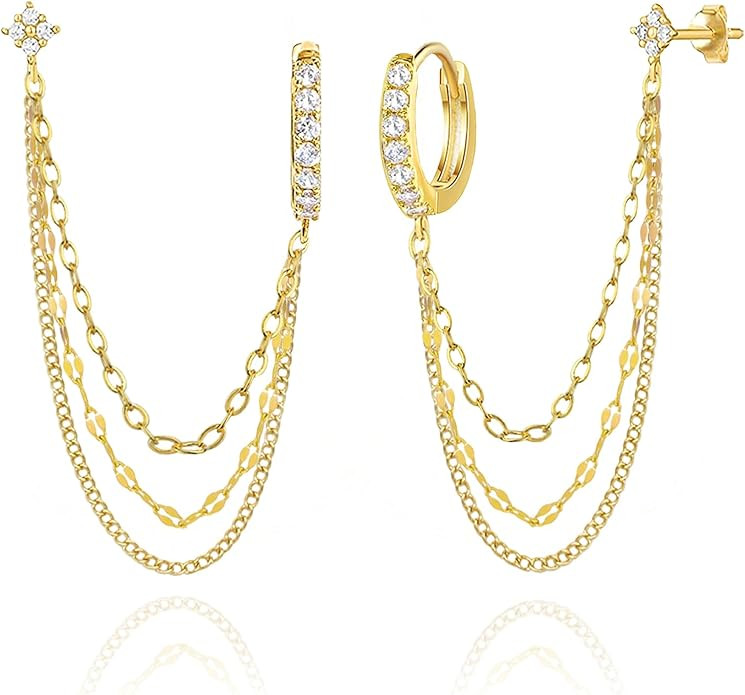 925 Sterling Silver Four Zircons Flower Stud Double Piercing Chain Earrings | Double Piercing Dan... | Amazon (US)