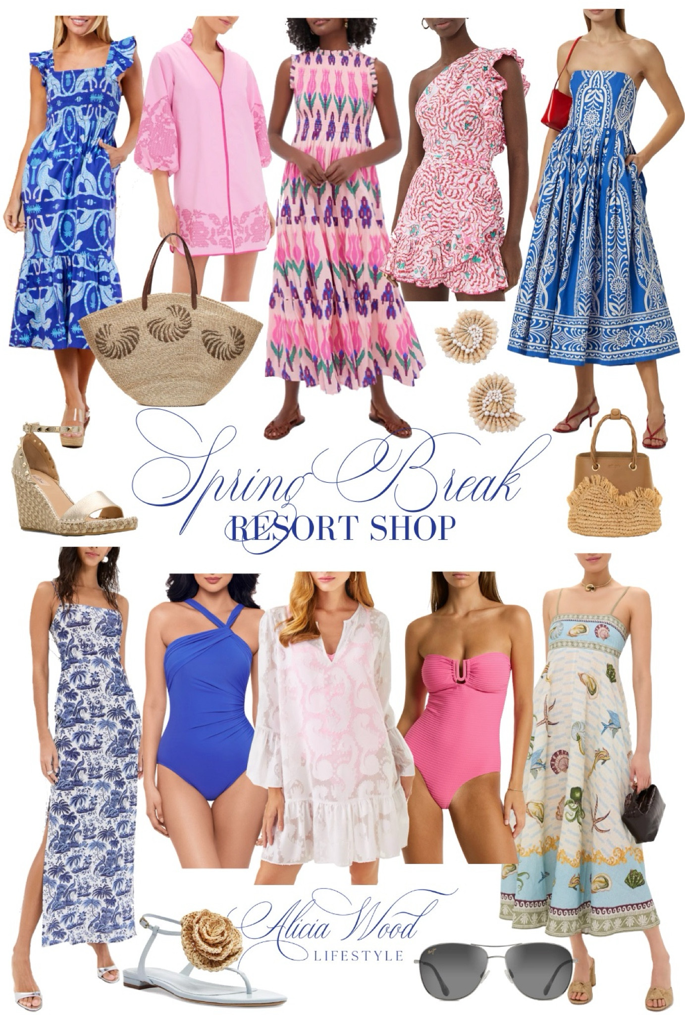 Spring Break Resort Shop

Blue ikat midi dress 
Pink embroidered mini dress 
Geometric maxi dress 
One shoulder mini dress 
Strapless blue and white print midi dress
 Beach tote with woven shells 
Shell raffia earrings 
Raffia and leather frayed mini bag
Blue and white toile print maxi dress 
Blue one piece suit with halter neckline
White coverup 
Pink UBar strapless suit with removeable straps  
Under the Eea graphic print midi dress 
Sliver metallic flat sandal with floral detail 
Rockstud wedge sandal 
Ray Ban Aviator sunglasses 

https://www.aliciawoodlifestyle.com/resort-shop/

#LTKOver40 #LTKTravel #LTKStyleTip