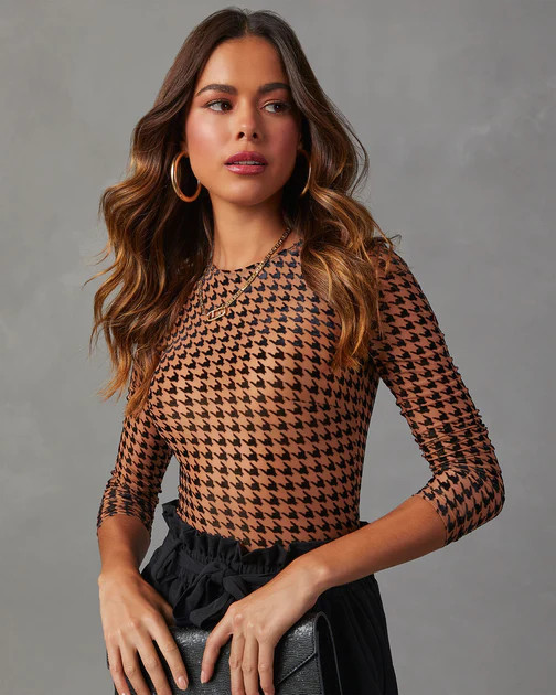 All The Craze Velvet Mesh Houndstooth Bodysuit | VICI