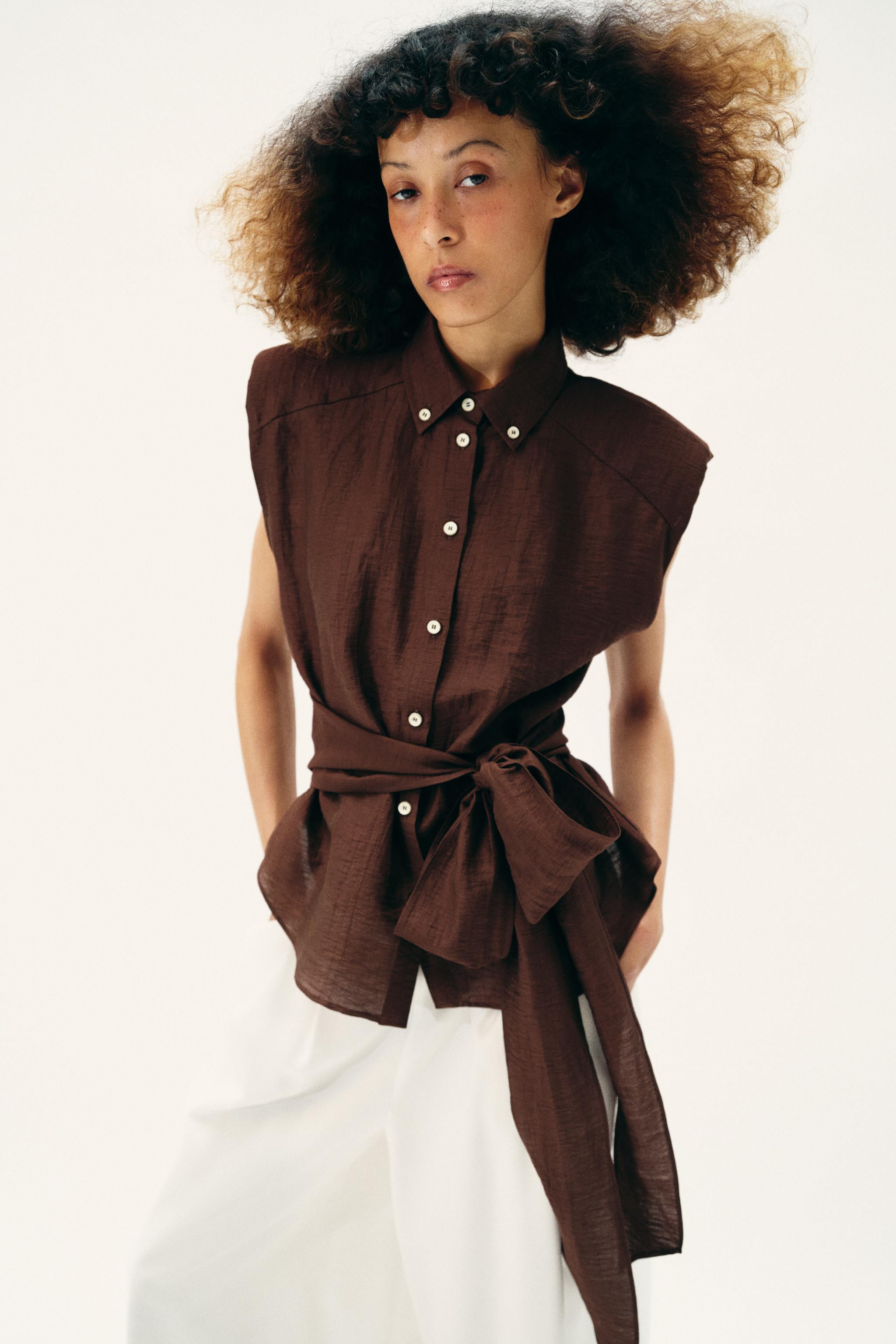 LINEN BLEND SHOULDER PAD TOP WITH BELT | Zara UK