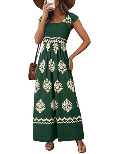 Happy Sailed Women's Jumpsuits Summer Square Neck Floral Printed Boho Jumpsuit Wide Leg Long Pants Rompers for Women Dressy Casual Overalls Beach Fashion Cruise Outfits for Women 2025 Dark Green L | Amazon (US)