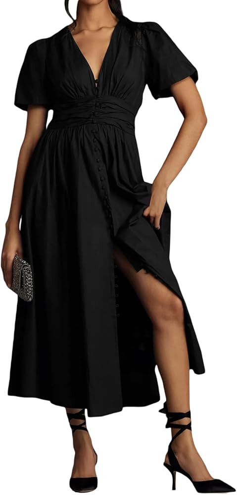 IMISSILLEB Women 2024 Summer Dress Puff Sleeve V-Neck Elastic Waist Floral Print Midi Dress Tiere... | Amazon (US)