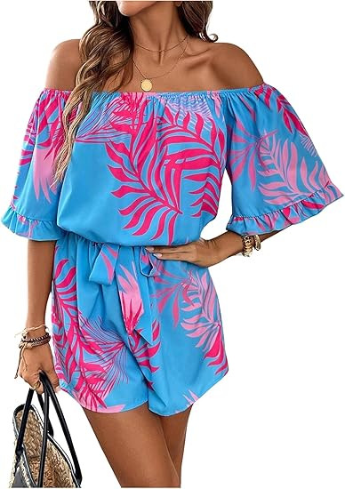 Milumia Women's Off The Shoulder Romper Boho Elastic Waist Shorts Jumpsuit Dressy Casual Vacation... | Amazon (US)