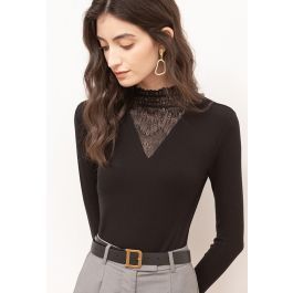 Lacy Spliced V-Neck Fitted Top in Black | Chicwish