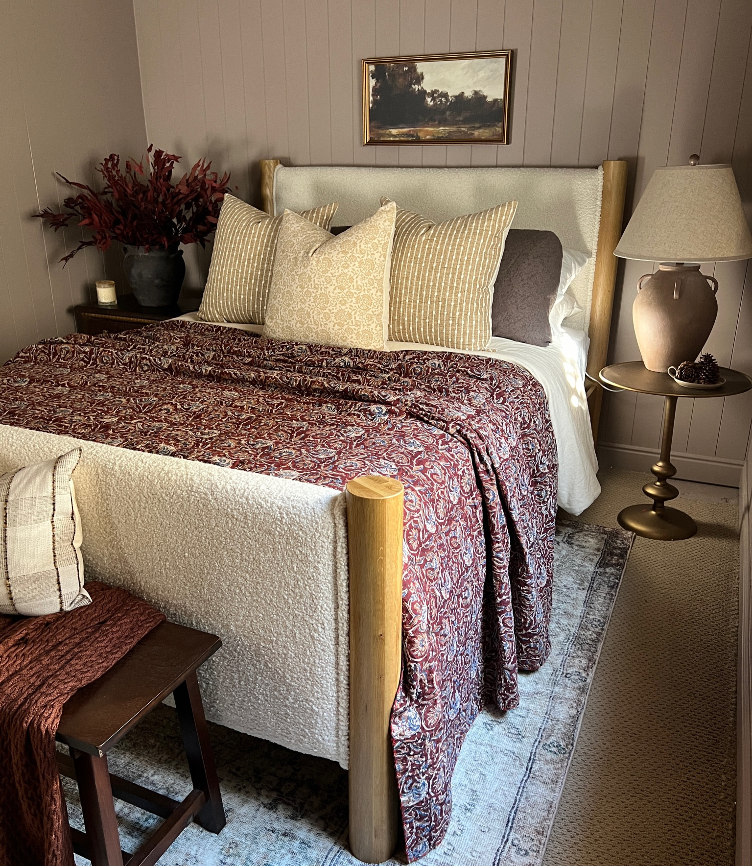 Moody bedroom styling 

Guest room burgundy kantha quilt tan beige throw pillow cover striped floral block print vintage rug red stems dark found vase aged bronze round side table urn lamp brown bench throw blanket vintage landscape framed art studio mcgee Etsy amber Lewis loloi linen curtains white and black quilt stitching empire lamp shade ceramic dish cream candle 

#LTKhome #LTKFind #LTKsalealert