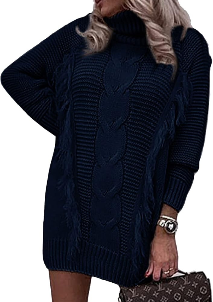 BTFBM Women Fashion Sweater Short Dress Long Sleeve Turtleneck Oversized Fall Winter Soft Chunky ... | Amazon (US)