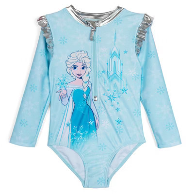 Disney Frozen Queen Elsa Little Girls Half Zip One Piece Bathing Suit UPF 50+ Soft Blue 7-8 | Target