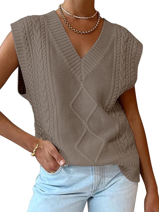 LILLUSORY Sweater Vest Women Trendy Cable Knit Cap Sleeve Tops 2024 V Neck Cotton Oversized Busin... | Amazon (US)