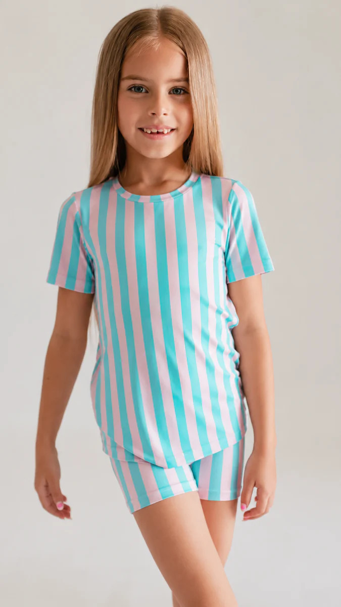 Youth Pajama short sleeve and shorts in Cotton Candy Stripes | Silks Design