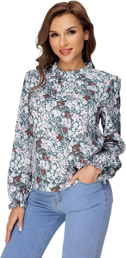 Romwe Women's Floral Print Flounce Long Sleeve Mock Neck Work Blouses Tops | Amazon (US)