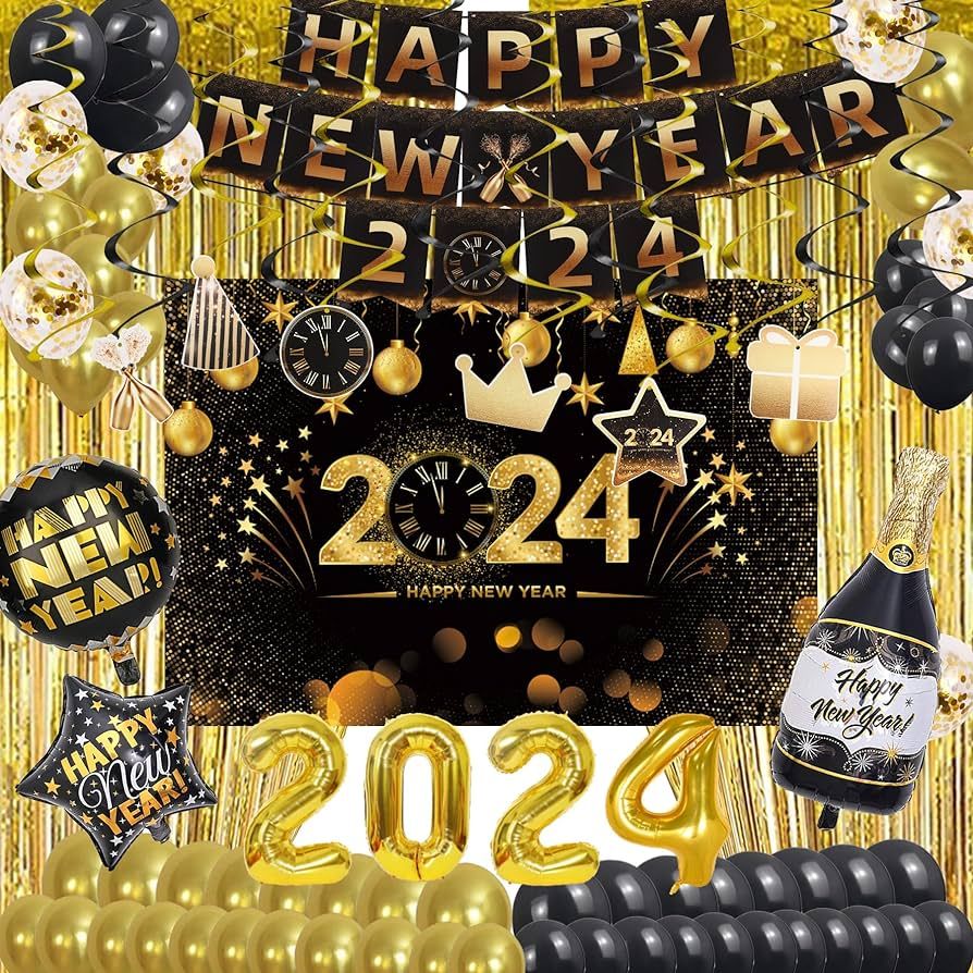 Happy New Year Party Decoration Supplies - 2024 Backdrop Banner Foil Balloon and Curtains, Swirls... | Amazon (US)