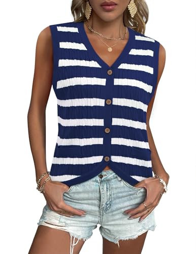 LOOKBOHO Women Striped Sweater Vest Cable Knit Button Down Tank Top Knitted Sleeveless Spring Summer Clothes Navy&White S | Amazon (US)
