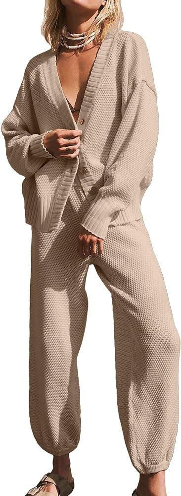 Ugerlov Women's Two Piece Outfits Sweater Sets Oversized Knit Cardigan and High Waisted Baggy Pan... | Amazon (US)