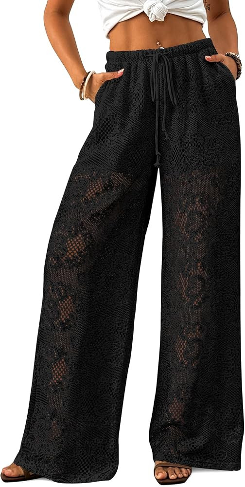 Bsubseach Women Crochet Beach Cover Up Pants Sheer Wide Leg Drawstring Summer Swimsuit Coverup Lo... | Amazon (US)