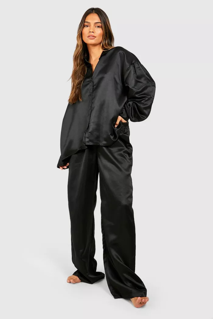 Satin Oversized Detail Sleeve Pajama Set | boohoo (US & Canada)