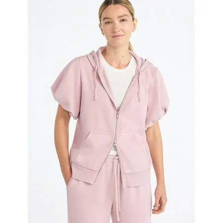 Scoop Women’s Mineral Washed Zip Hoodie with Short Puff Sleeves, Sizes XS-XXL | Walmart (US)