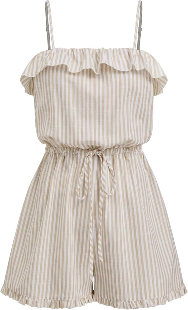 CIDER Womens Casual Rompers Sleeveless Ruffle Drawstring Striped Overall Shorts | Amazon (US)
