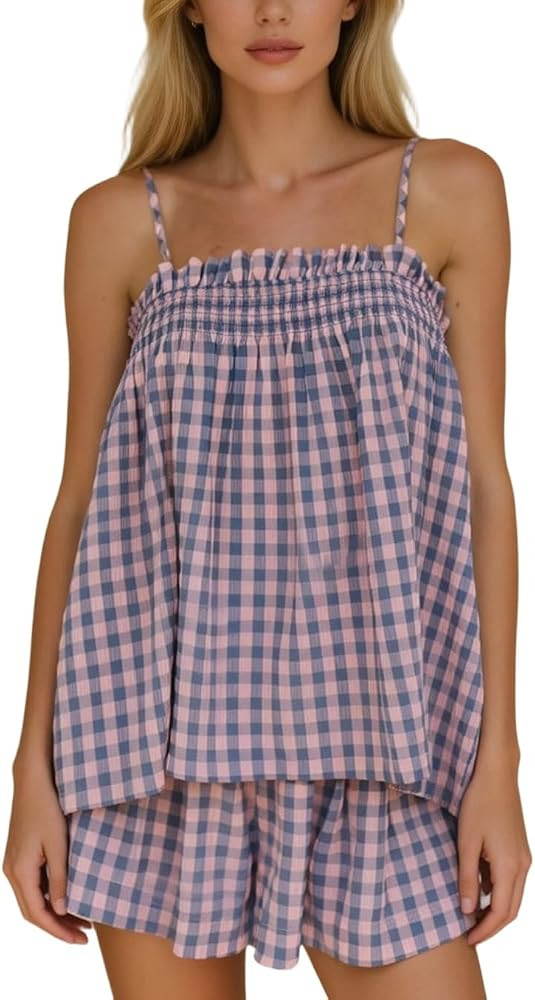 Women Gingham Two Piece Set Sleeveless Babydoll Tank Top and Plaid Shorts Pajama Set Sleepwear Y2... | Amazon (US)