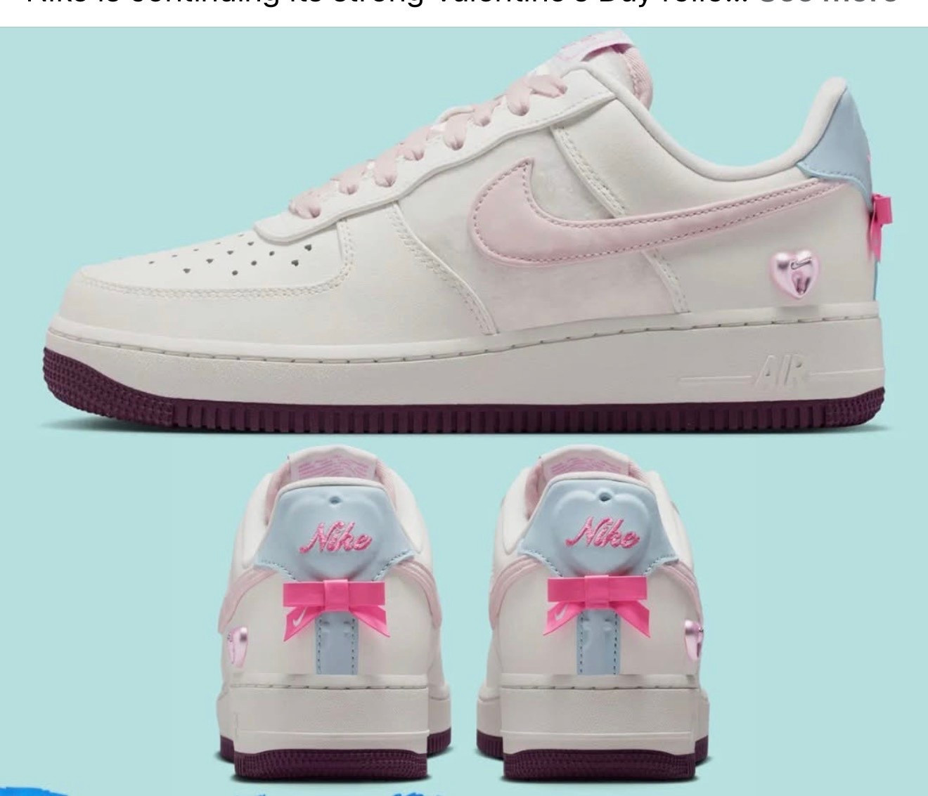 Close-up fashion product shot of pastel Valentine’s Day sneakers inspired by classic Air Force 1 styling. Clean white leather base with soft blush pink swoosh, baby blue heel tab, satin pink bow detail on the back, and small metallic heart charm on the side. Shot on a smooth mint background with soft studio lighting, subtle shadows, and a dreamy, romantic, coquette aesthetic. Ultra-clean, high-end editorial vibe, feminine, playful, and luxurious.

HASHTAGS (25)
#ValentinesDayStyle #CoquetteAesthetic #PinkSneakers #PastelVibes #GirlyStyle
#SneakerAesthetic #FashionDetails #BowTrend #HeartDetails #SoftLuxury
#CuteSneakers #StreetStyleWomen #SneakerCrush #ValentinesFit
#RomanticAesthetic #PastelFashion #EverydayChic #CleanGirlStyle
#FashionFinds #StyleInspo #TrendingSneakers #FeminineEnergy
#OOTDInspo #ModernRomance

#LTKdayinmylife #LTKHoliday #LTKGiftGuide
