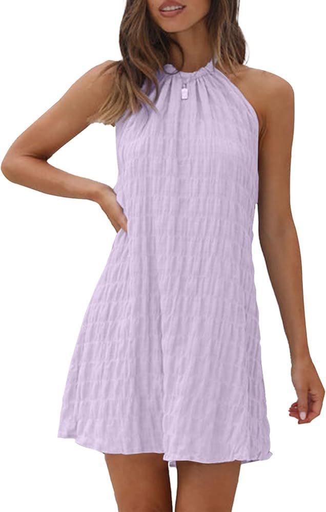 AlvaQ Women 2023 Summer Halter Neck Sleeveless Mini Dress Backless A Line Swing Sundress Beach Sh... | Amazon (US)