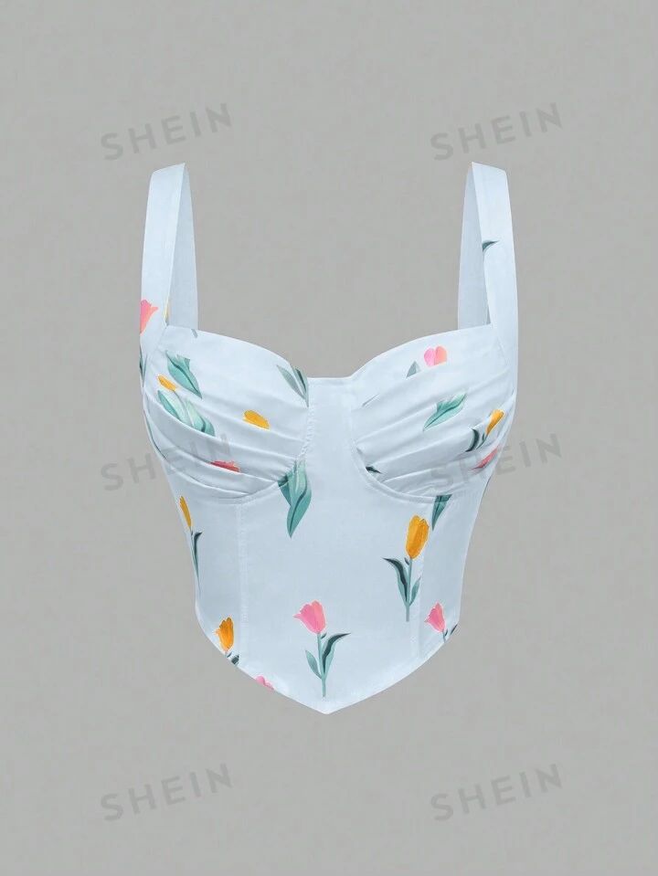 SHEIN MOD Women's Tulip Pattern Pleated Hem Handkerchief Back Tank Top For Summer | SHEIN