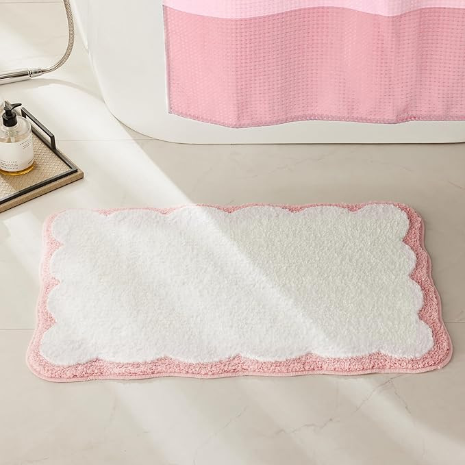 Luxury Microfiber Bathroom Rugs, White Bath Rug with Pink Scalloped Piping Cute Aesthetic Girly B... | Amazon (US)