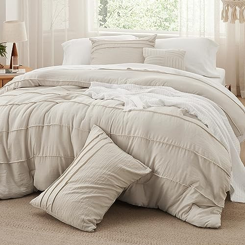 Bedsure Twin Comforter Set - 3 Pieces Pinch Pleat Bed Set, Beige Boho Bedding for All Season, 1 Soft Comforter, 1 Pillowcase, 1 Decorative Pillow | Amazon (US)