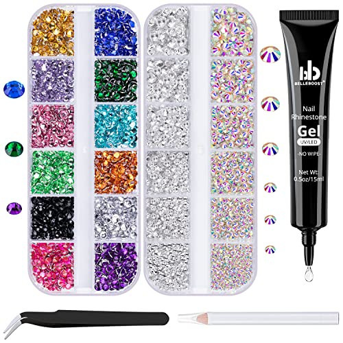 BELLEBOOST Nail Art Rhinestone Kit, 15ml Rhinestone Gel Glue+Colorful Gems+Flatback Glass Crystal AB&Clear Gemstones with Pickup Tools for Bedazzling Nail and Face Makeup | Amazon (US)