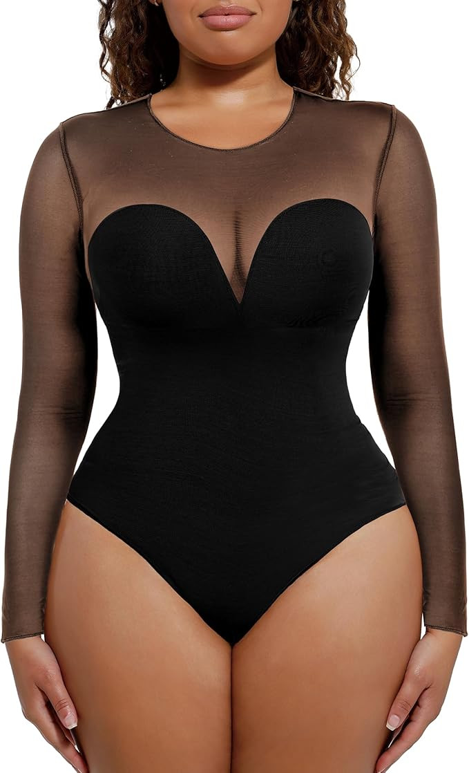 Popilush Long Sleeve Mesh Shapewear Bodysuit for Women Tummy Control Sheer Body Suits Womens Buil... | Amazon (US)