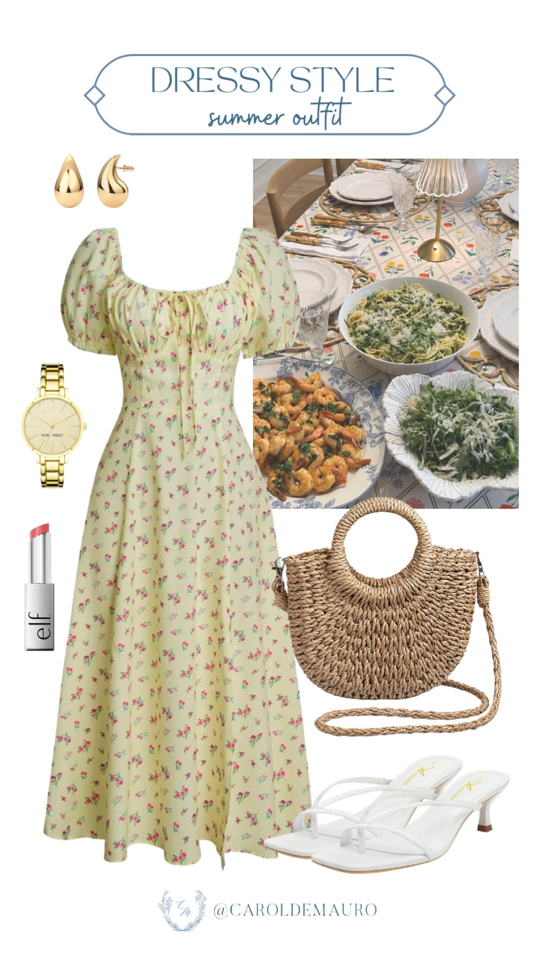 dressy look, summer outfit, puff sleeve, midi dress, summer dress, ditsy floral, kitten heels, white sandals, woven hand bag, petite fashion, style inspo, brunch look, modest style

#LTKootd #LTKPetite #LTKU