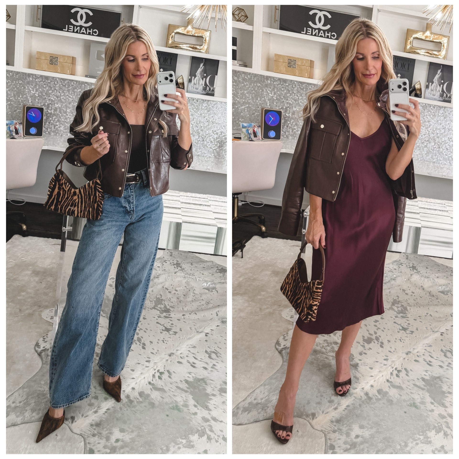 If you only add ONE fall jacket to your collection this season, let it be this one. 🍂

This burgundy faux leather bomber from Alice + Olivia checks every box: champagne gold buttons, a high collar, and a bomber silhouette that's on trend right now and flattering on everyone. Burgundy is the color of the season, and this jacket delivers it in a polished, grown-up way.

I styled it 2 ways:

1️⃣ Casual and elevated with FRAME Bow soft barrel jeans. They're high-waisted and tapered at the ankle, so they balance the volume of the bomber perfectly.

2️⃣ Tone-on-tone with the Quince burgundy slip dress. It's a beautiful dress at a great price, and it comes in tons of colors.

#LTKootd #LTKgrwm #LTKOver40