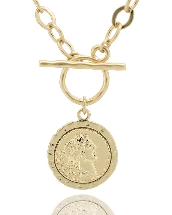 Antique Gold Plated Roman Chunky Coin Necklace for Women 18 Inches Thick Link Chain Layered Gold ... | Amazon (US)