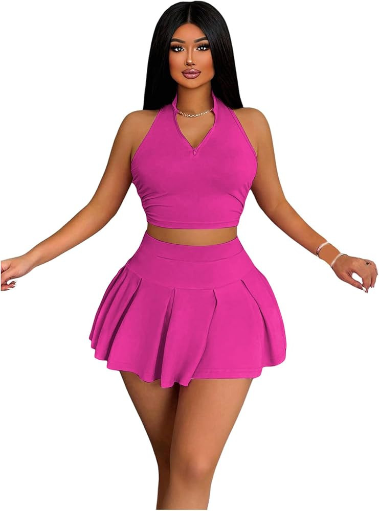 RoseSeek Women's 2 Piece Tennis Skirt Set Sleeveless Racerback Crop Tank Tops High Waisted Pleate... | Amazon (US)