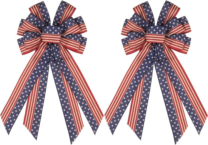 Vintage Patriotic Bows for Wreath 2 Pack, Americana Stars Stripes 4th of July Bow 20.87 x 11.42 I... | Amazon (US)