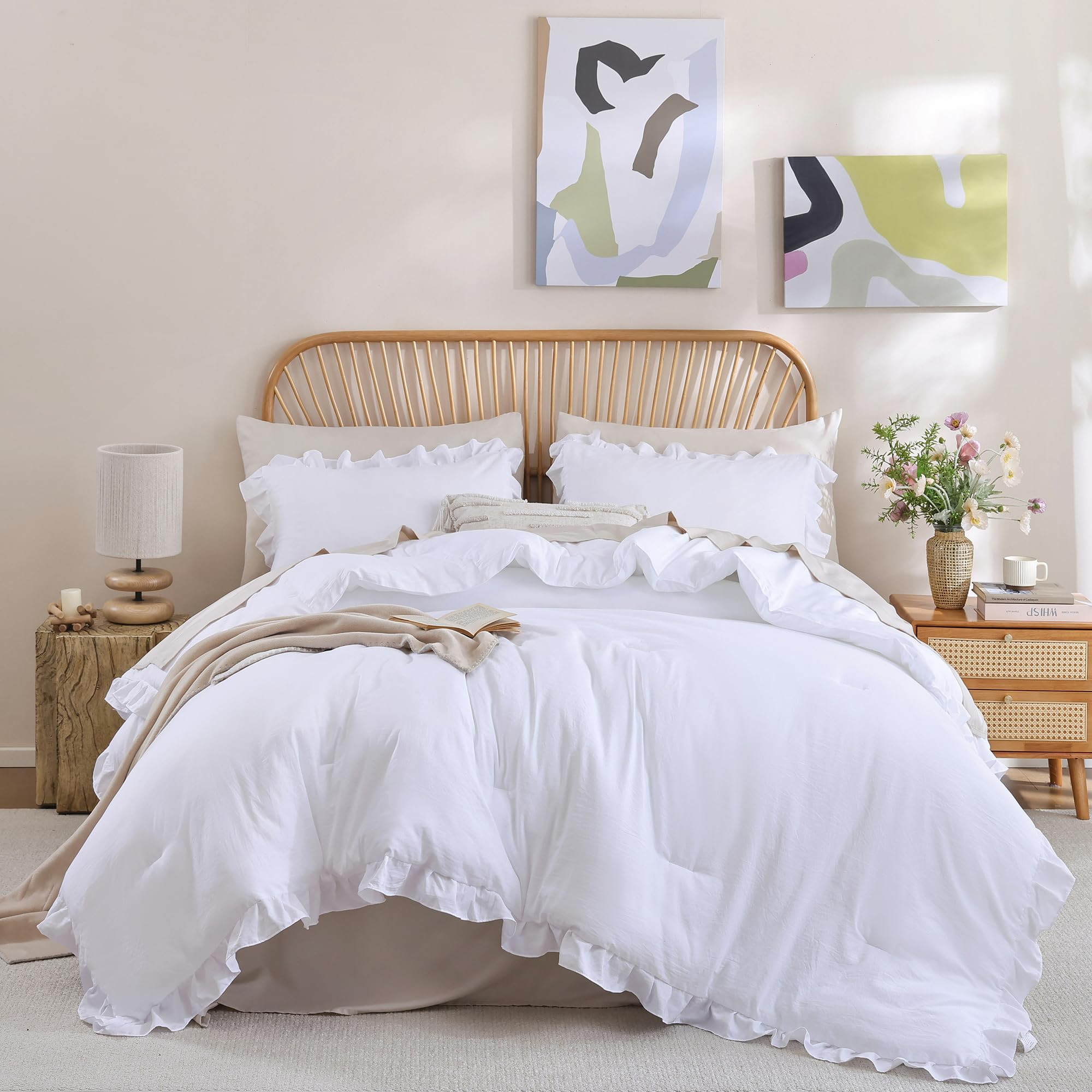 JANZAA Queen Comforter Set Creamy White Ruffle Comforter with 2 Pillowcase Soft Queen Size Bed Se... | Amazon (US)