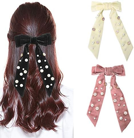 AWAYTR Velvet Rhinestone Pearl Hair Clip Large Bowknot Velvet Races Goth Wedding Headpiece for Wo... | Amazon (US)