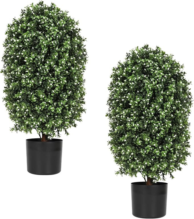 2pcs 31inch Artificial Topiary Ball Plants,Faux Boxwood Ball in Pot with White Fruits,Fake Outdoo... | Amazon (US)