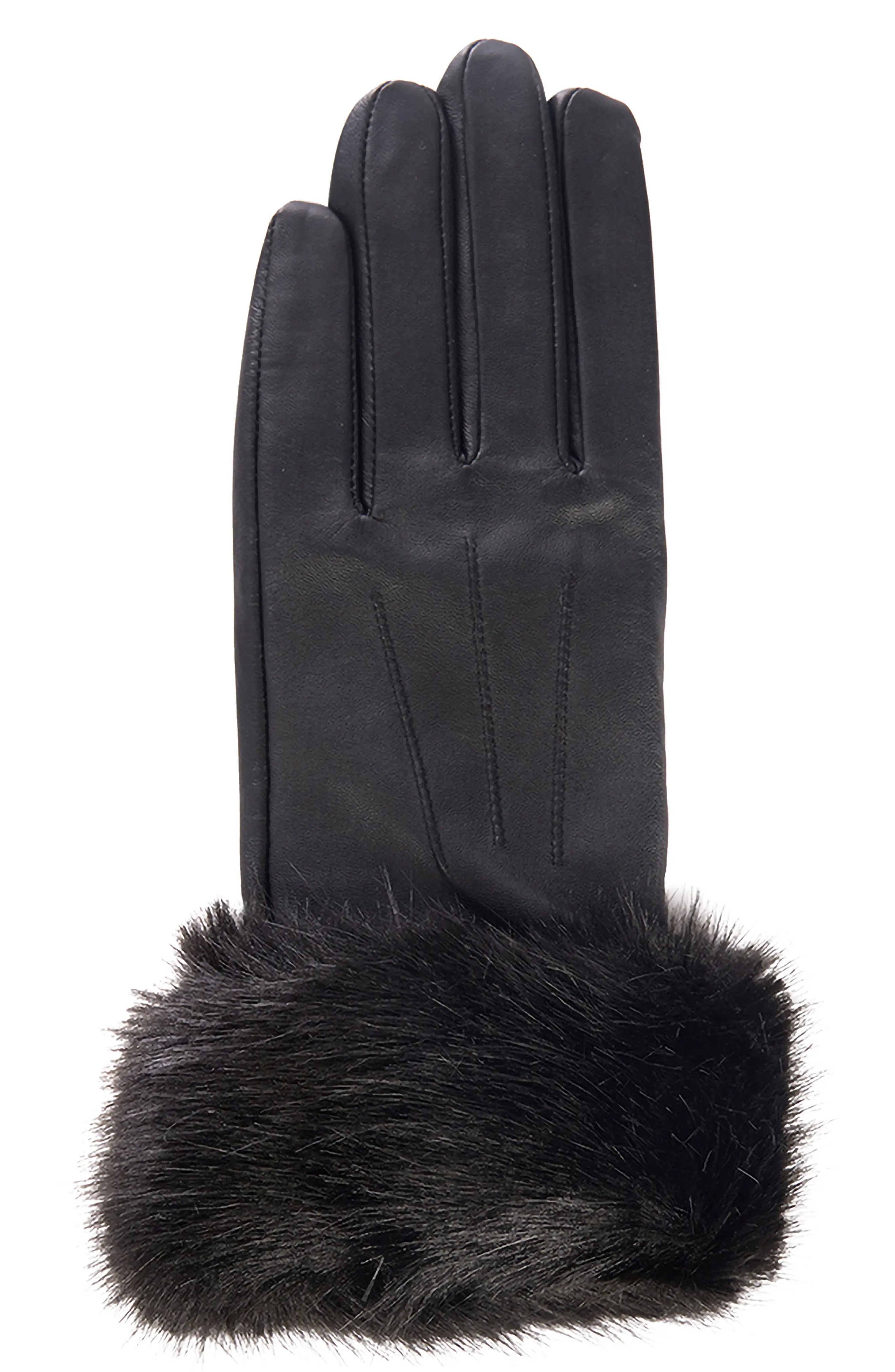 Barbour Faux Fur Trim Leather Gloves, Size Small in Black at Nordstrom | Nordstrom