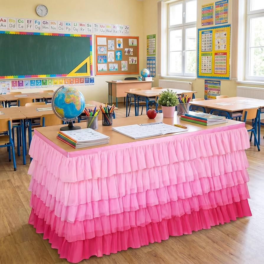Tioncy 6 ft x 30 in Pink Ruffled Teacher Desk Skirt | Amazon (US)