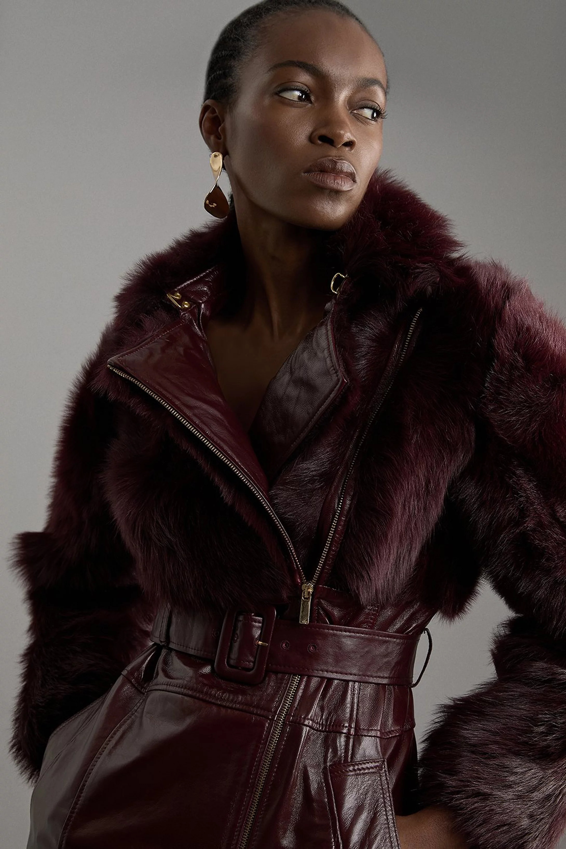 Shearling Mix Panelled High Shine Leather Belted Trench Coat | Karen Millen UK + IE + DE + NL