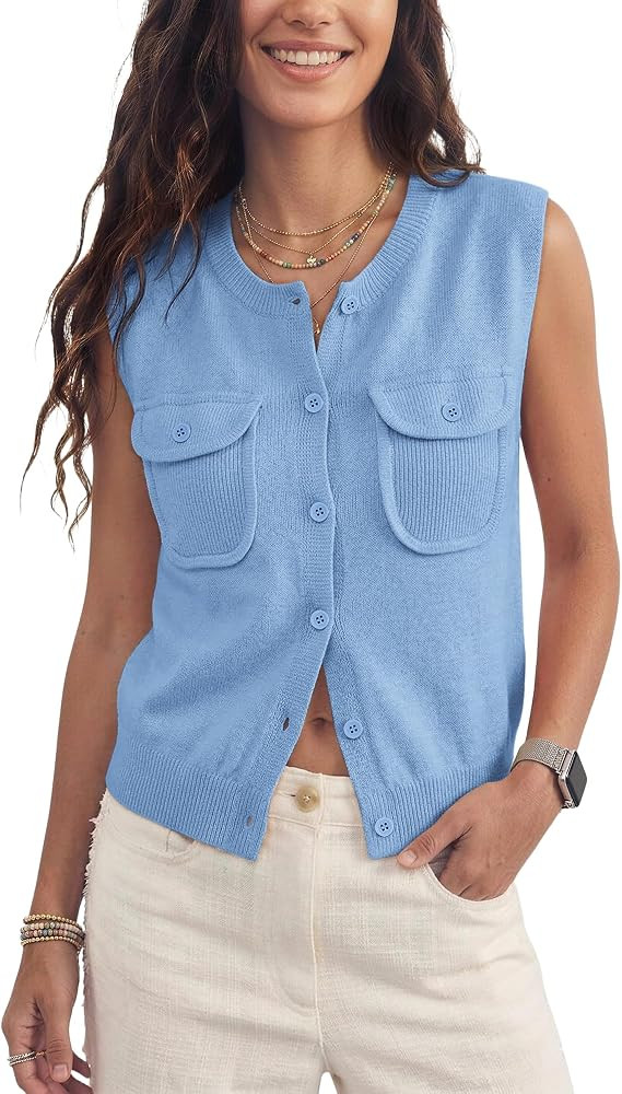 Womens Sweater Vest Button Up Sleeveless Knit Tops with Pockets | Amazon (US)