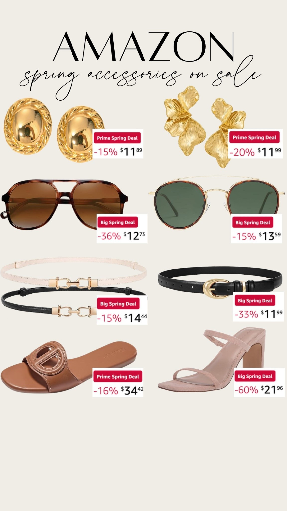 Accessories for Amazon Prime Day! 

Gold statement earrings, designer inspired singlasses, classic belts with gold hardware, tan sandals and strappy nude heels 

 #LTKOver40 #LTKSaleAlert #LTKStyleTip