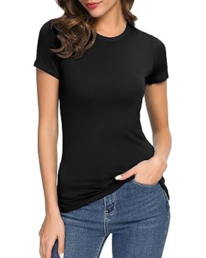 Women's Crewneck Slim Fitted Short Sleeve T-Shirt Stretchy Bodycon Basic Tee Tops | Amazon (US)