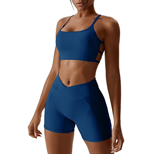 IMEKIS 2pcs Gym Set for Women Yoga Sport Outfit Solid Color Fitness Clothes Sleeveless Backless Crisscross Sports Bra and Cross V High Waist Shorts Leggings Workout Jogger Suit Lake Blue M | Amazon (UK)