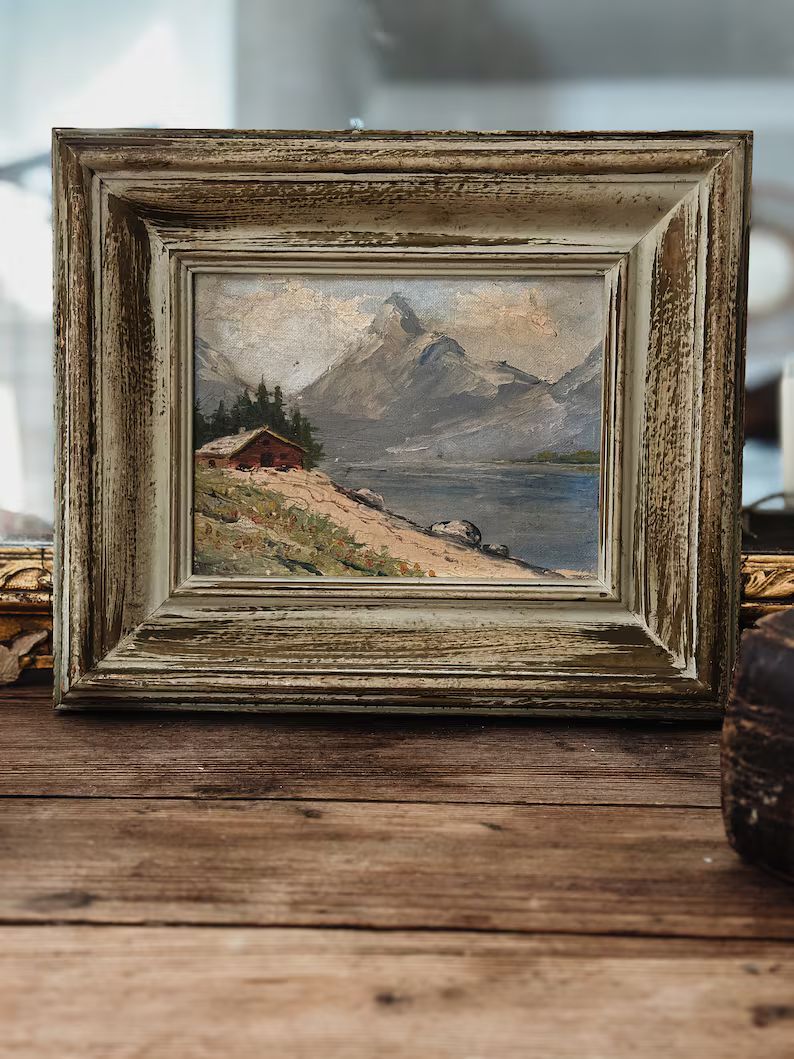 Vintage Oil Painting, Lakeside Mountain Landscape - Etsy | Etsy (US)