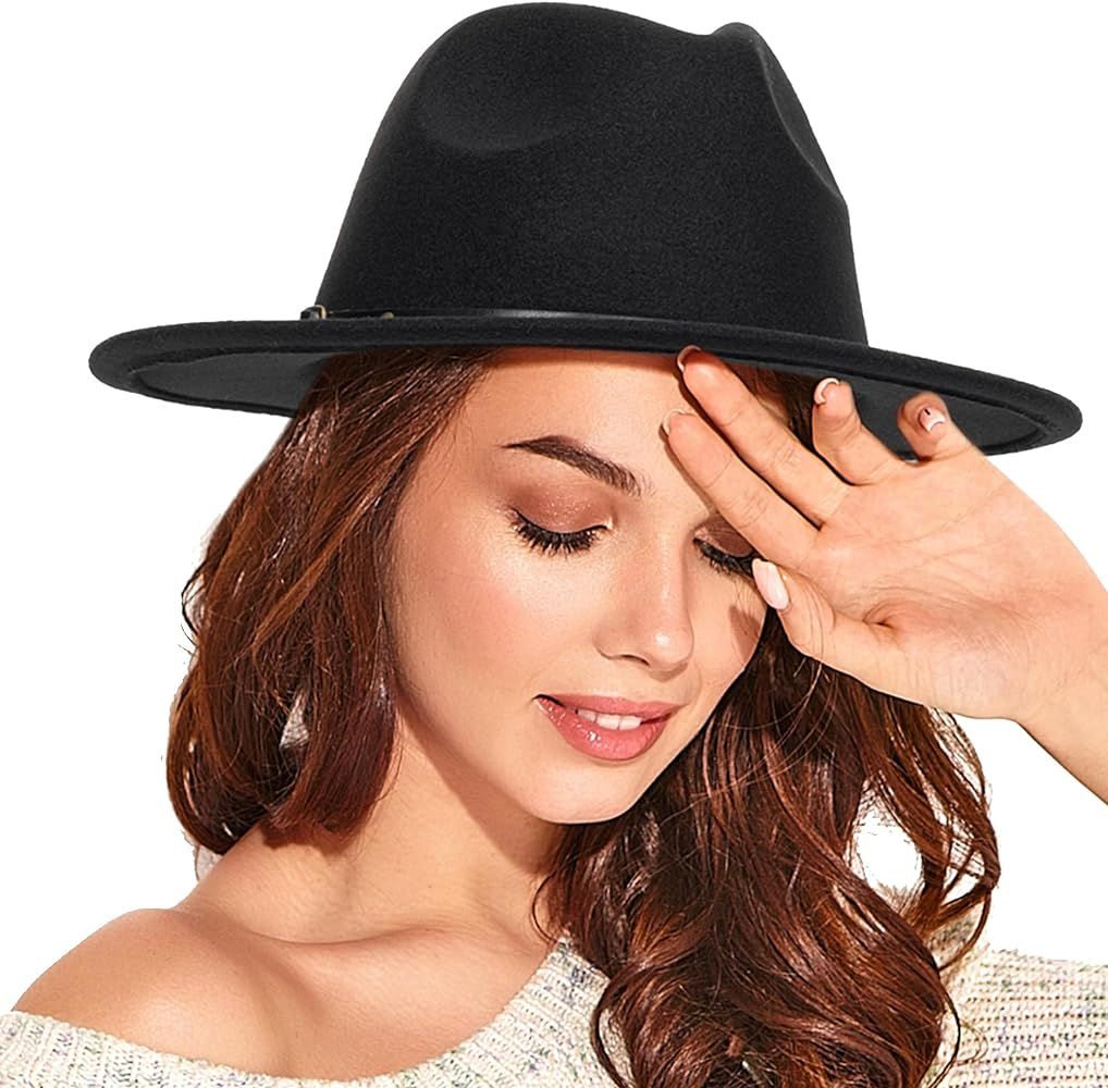 Felt Fedora Hat Womens Classic Hat Wide Brim Jazz Hat with Belt Buckle | Amazon (US)