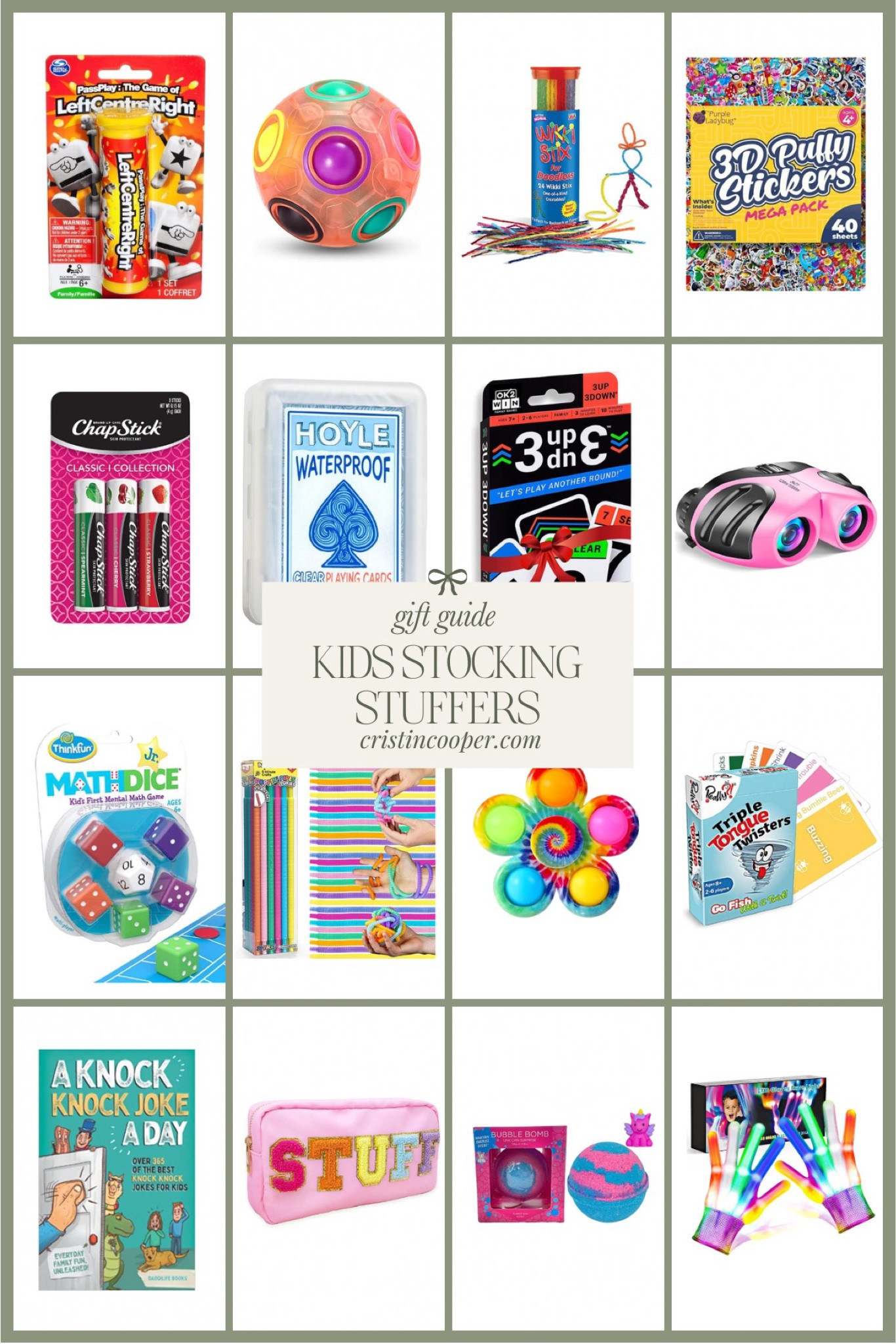 Last minute stocking, stuffer, ideas for  kids

Puffy stickers // Fidget toy // Waterproof playing cards // Chapstick set // Dice game // Wikki stix // Bath bomb // LED gloves // Tongue twister game // Make up pouch // Pop tubes // Knock knock jokes // Math dice // Binoculars // 3 up 3 down card game // Rainbow puzzle ball.

Cristincooper.Com 

#LTKkids #LTKGiftGuide #LTKHoliday