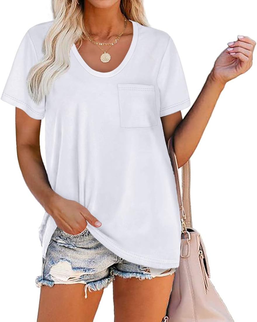 Women Summer T Shirts Short Sleeve Rounded V Neck Pocket Tee Tops | Amazon (US)