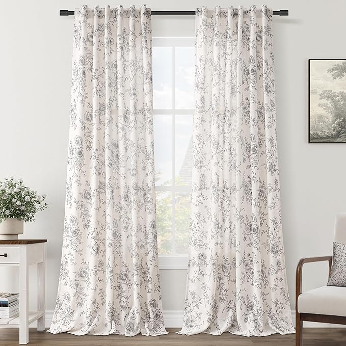 Floral Linen Curtains for Dining Room 84 inch length 2 panels Neutral Cream Black Pattern Printed... | Amazon (US)